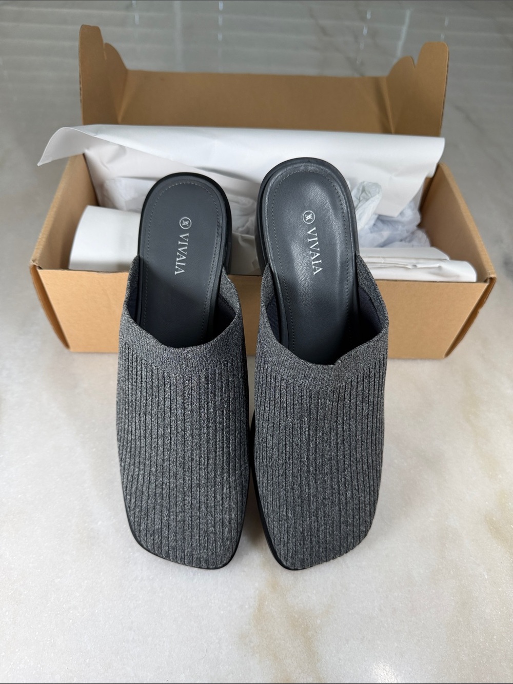VIVAIA Gray Knit Square-Toe Mule